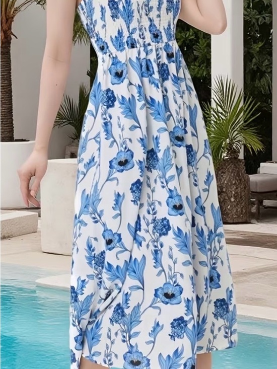 Temu Dresses & Skirts - Blue Floral Smocked Maxi Dress - Women